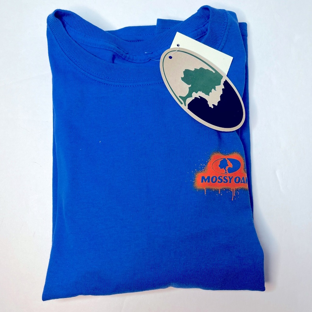 Mossy Oak Boys Large Long Sleeve Blue T-shirt Orange Paint Splatter Logo. New!